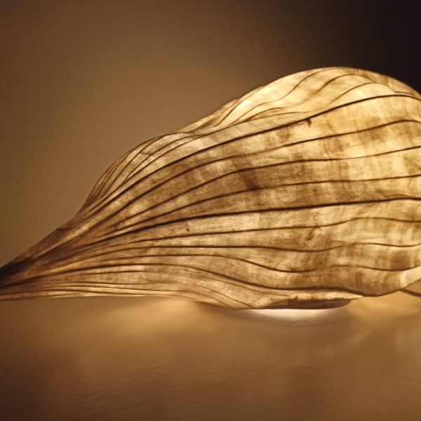 Sculpture titled "The Seed", made of handmade paper, bamboo reed, wood, fabric-covered wire, and porcelain light socket