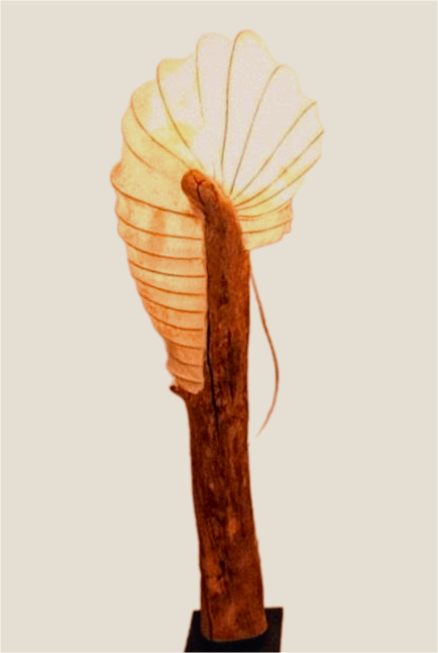 "Silica Spine" is a sculptural form evocative of a segmented spine or ancient marine organism. Crafted atop a piece of driftwood, this winding structure suggests quiet motion and balance. The body appears both anchored and in potential movement, hinting at unseen systems of life and growth. Materials: Driftwood, handmade paper, bamboo, metal base, fabric-covered electrical wire, porcelain light socket Dimensions: 110 × 25 × 25 cm