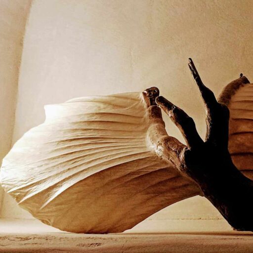 Sculpture titled "Icarus", made of driftwood, reed, and handmade paper